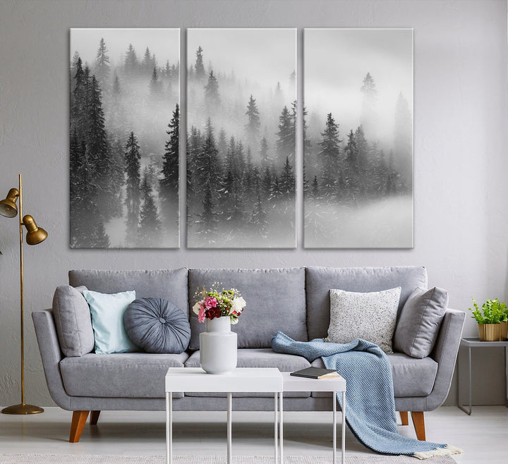 Bring the Serene Beauty of a Misty Foggy Forest with Clouds to Your Home with Our Nature Wall Art Canvas Print