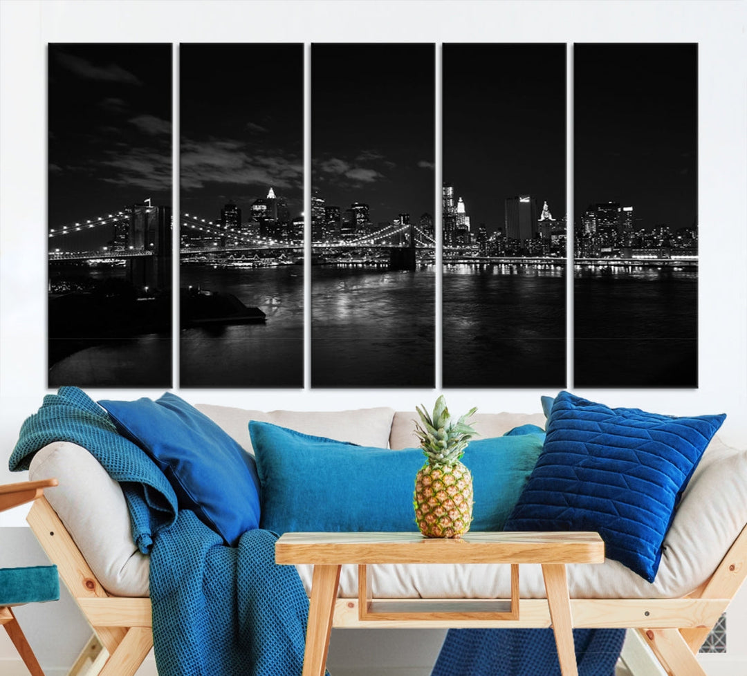 Black and White New York and Brooklyn Bridge at Night Wall Art Canvas Print