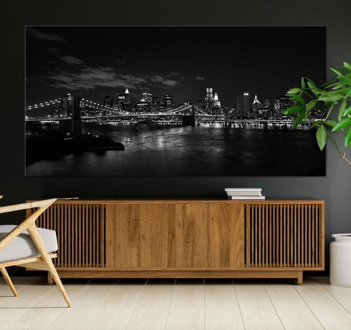 Black and White New York and Brooklyn Bridge at Night Wall Art Canvas Print