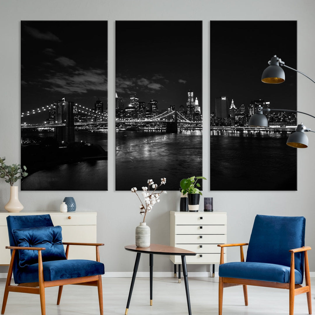 Black and White New York and Brooklyn Bridge at Night Wall Art Canvas Print