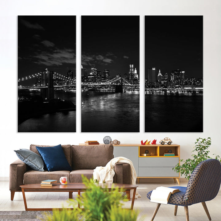 Black and White New York and Brooklyn Bridge at Night Wall Art Canvas Print