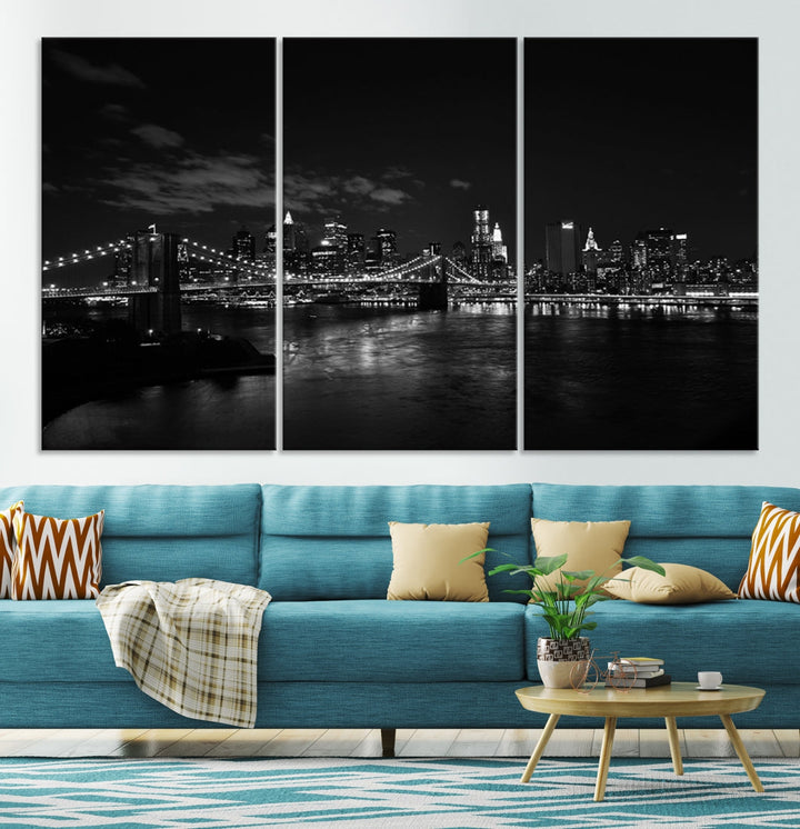 Black and White New York and Brooklyn Bridge at Night Wall Art Canvas Print