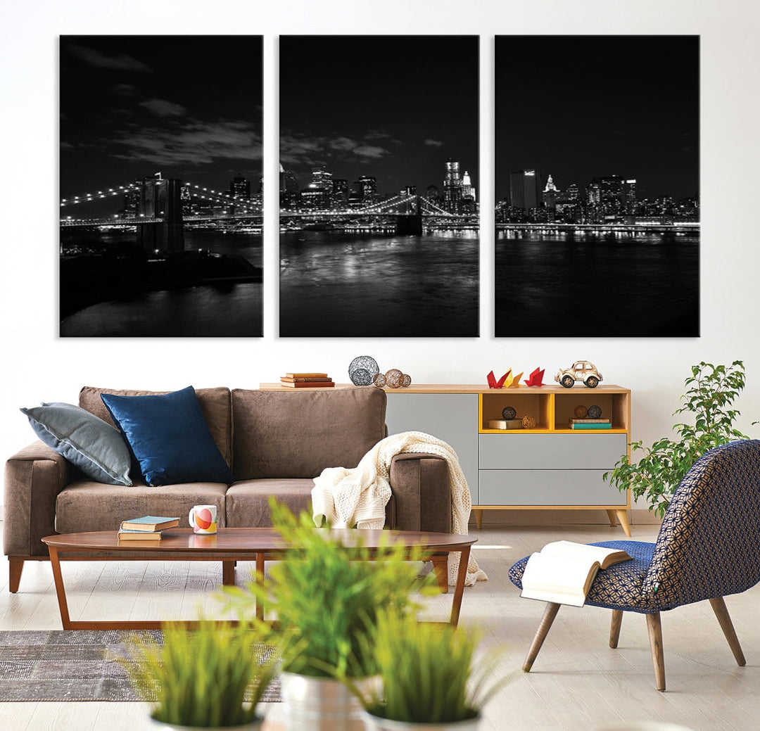 Black and White New York and Brooklyn Bridge at Night Wall Art Canvas Print