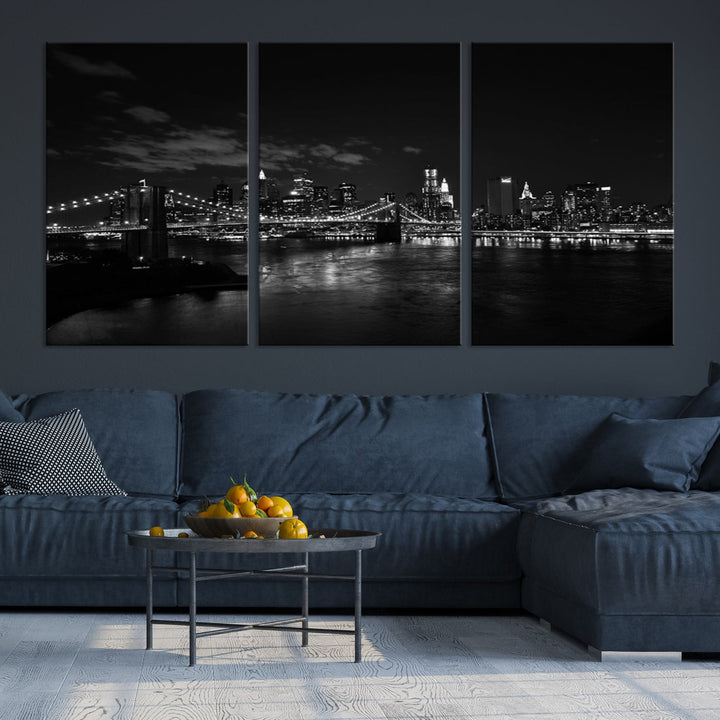 Black and White New York and Brooklyn Bridge at Night Wall Art Canvas Print