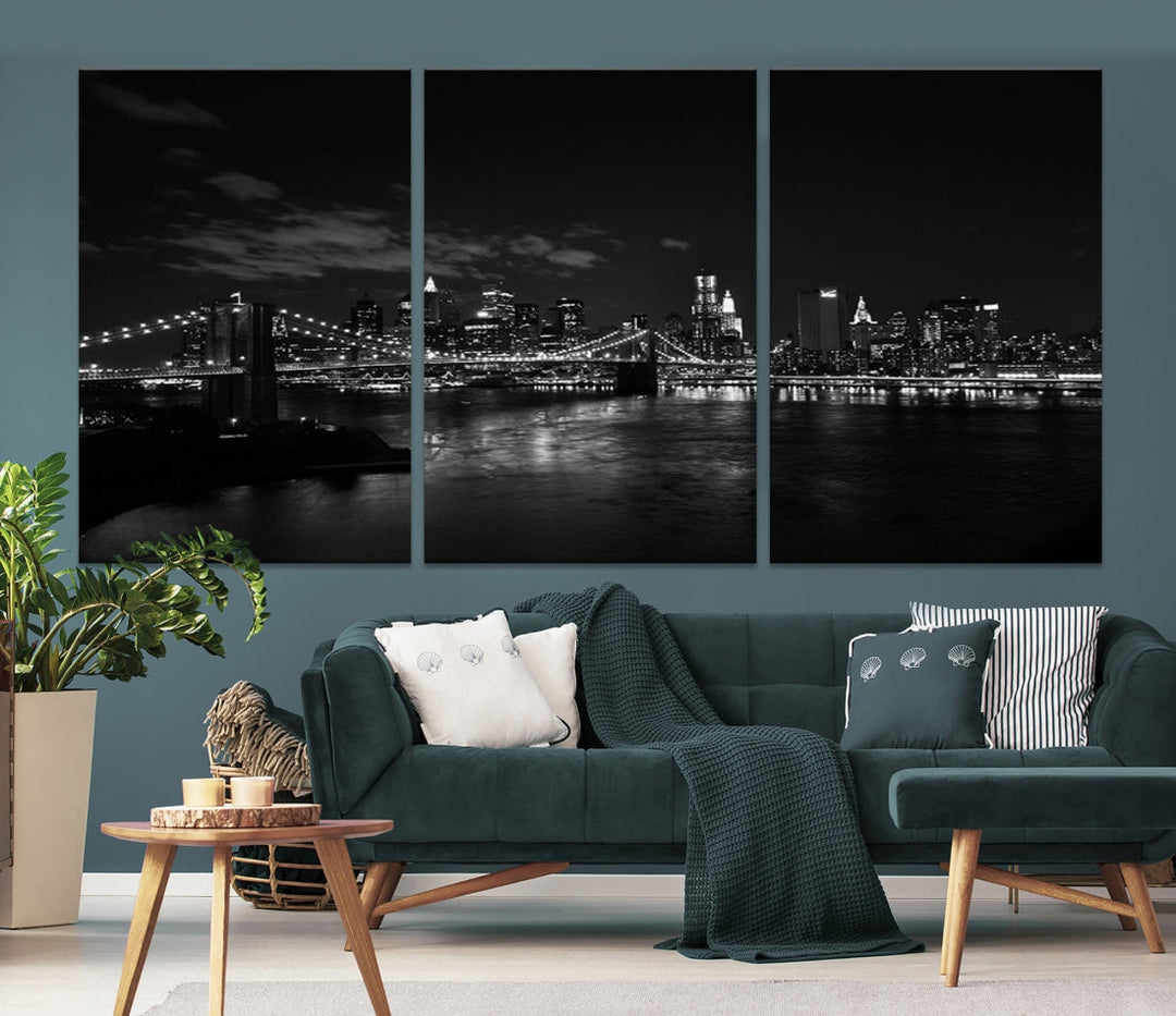 Black and White New York and Brooklyn Bridge at Night Wall Art Canvas Print