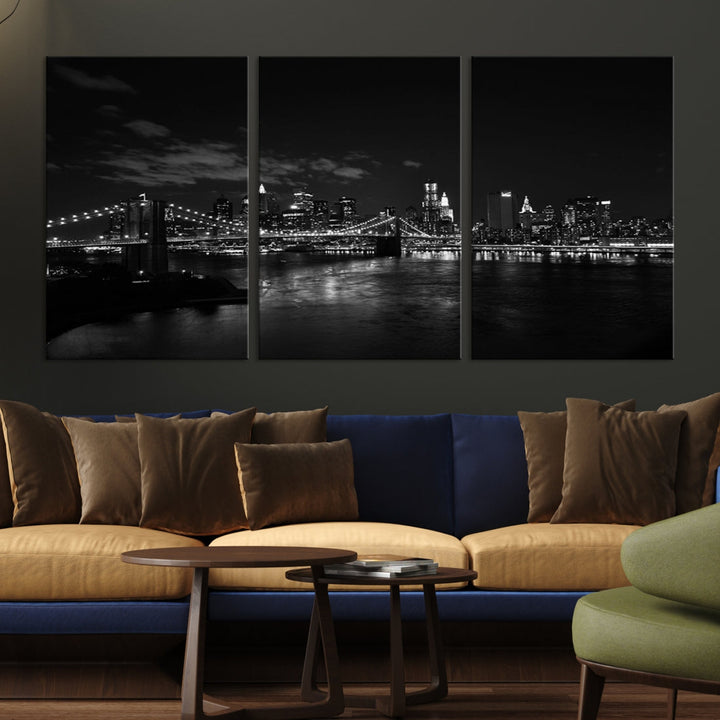 Black and White New York and Brooklyn Bridge at Night Wall Art Canvas Print