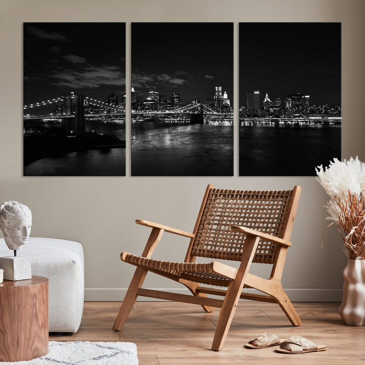 Black and White New York and Brooklyn Bridge at Night Wall Art Canvas Print