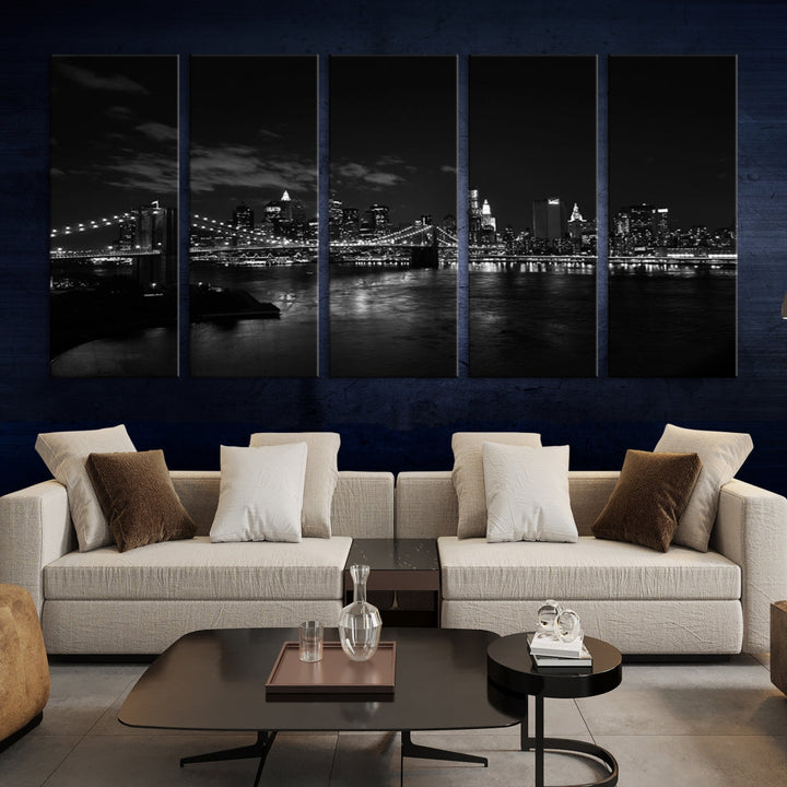 Black and White New York and Brooklyn Bridge at Night Wall Art Canvas Print