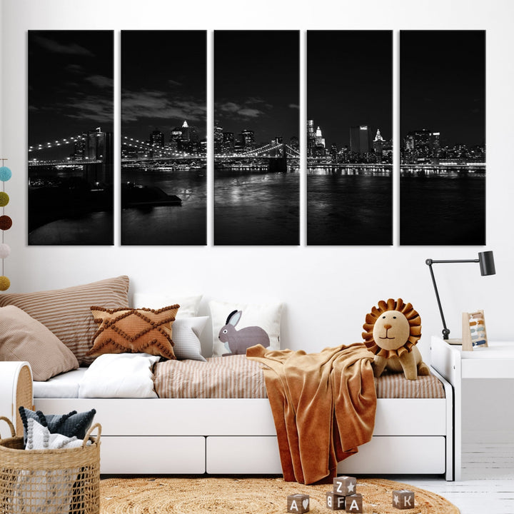 Black and White New York and Brooklyn Bridge at Night Wall Art Canvas Print