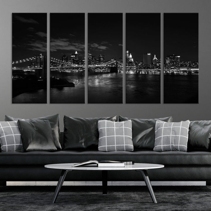 Black and White New York and Brooklyn Bridge at Night Wall Art Canvas Print