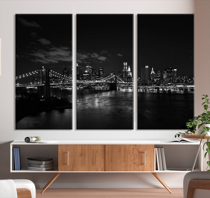 Black and White New York and Brooklyn Bridge at Night Wall Art Canvas Print