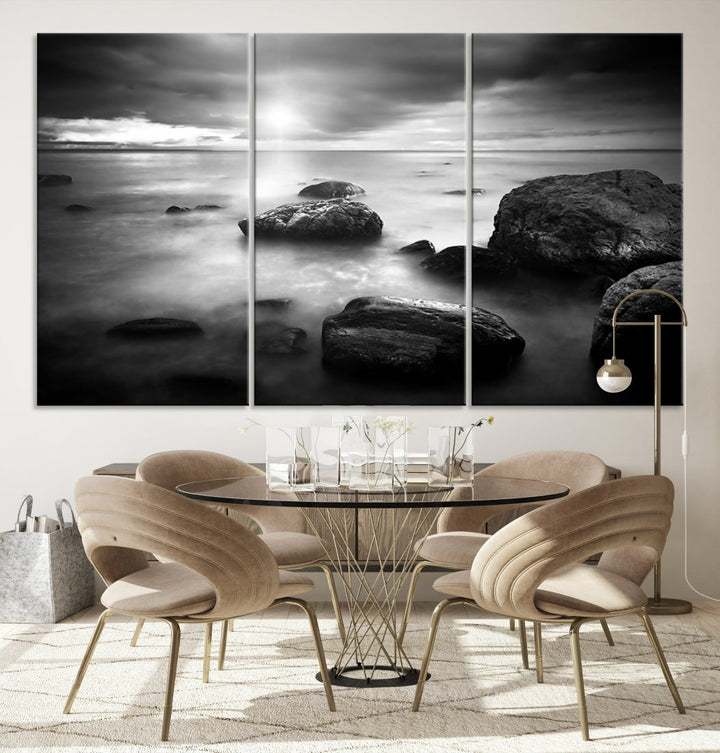 Black and White Ocean Beach Landscape Canvas Wall Art Print