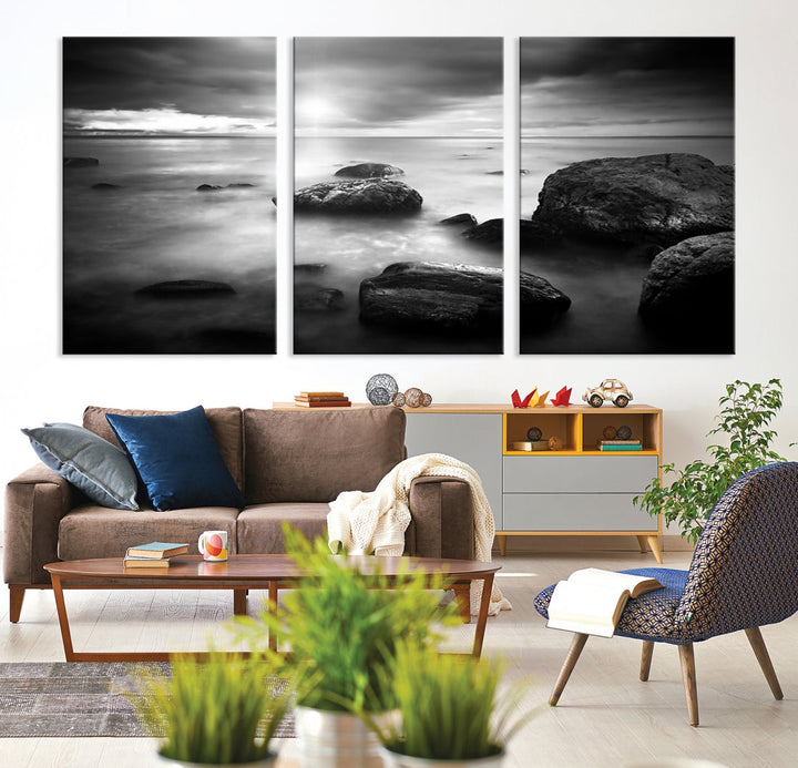 Black and White Ocean Beach Landscape Canvas Wall Art Print