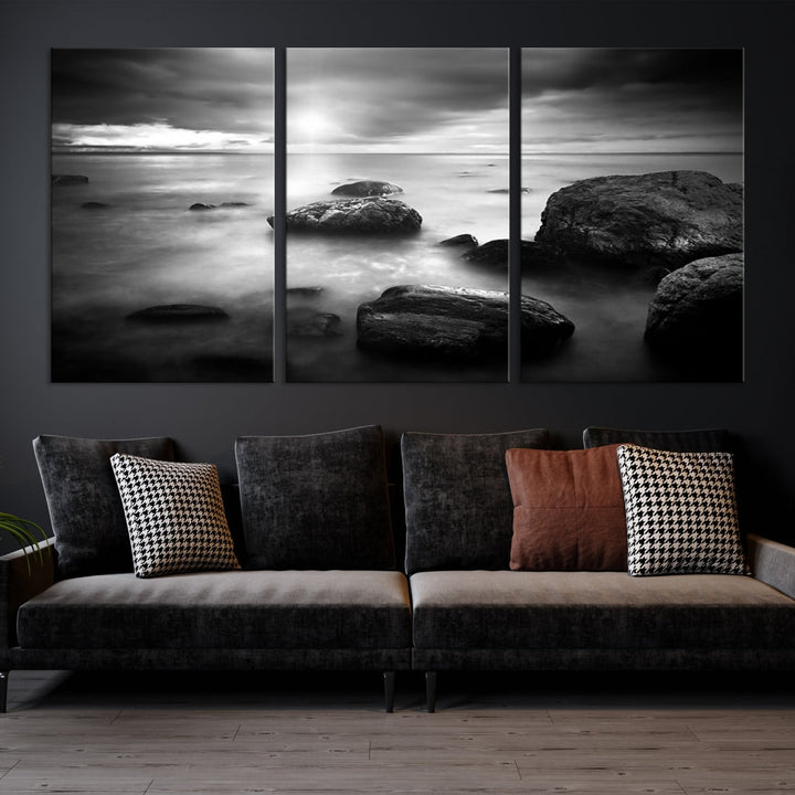 Black and White Ocean Beach Landscape Canvas Wall Art Print