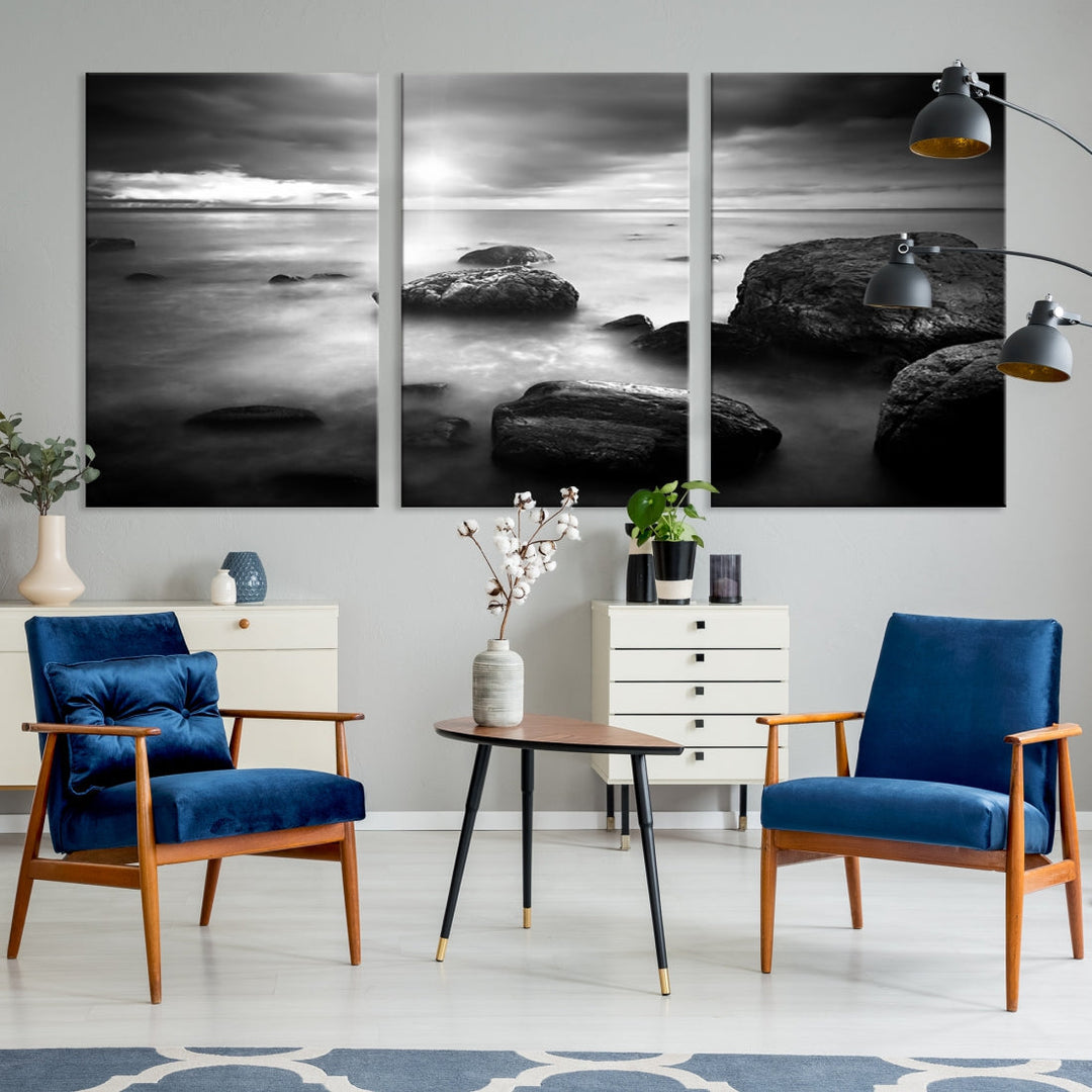 Black and White Ocean Beach Landscape Canvas Wall Art Print