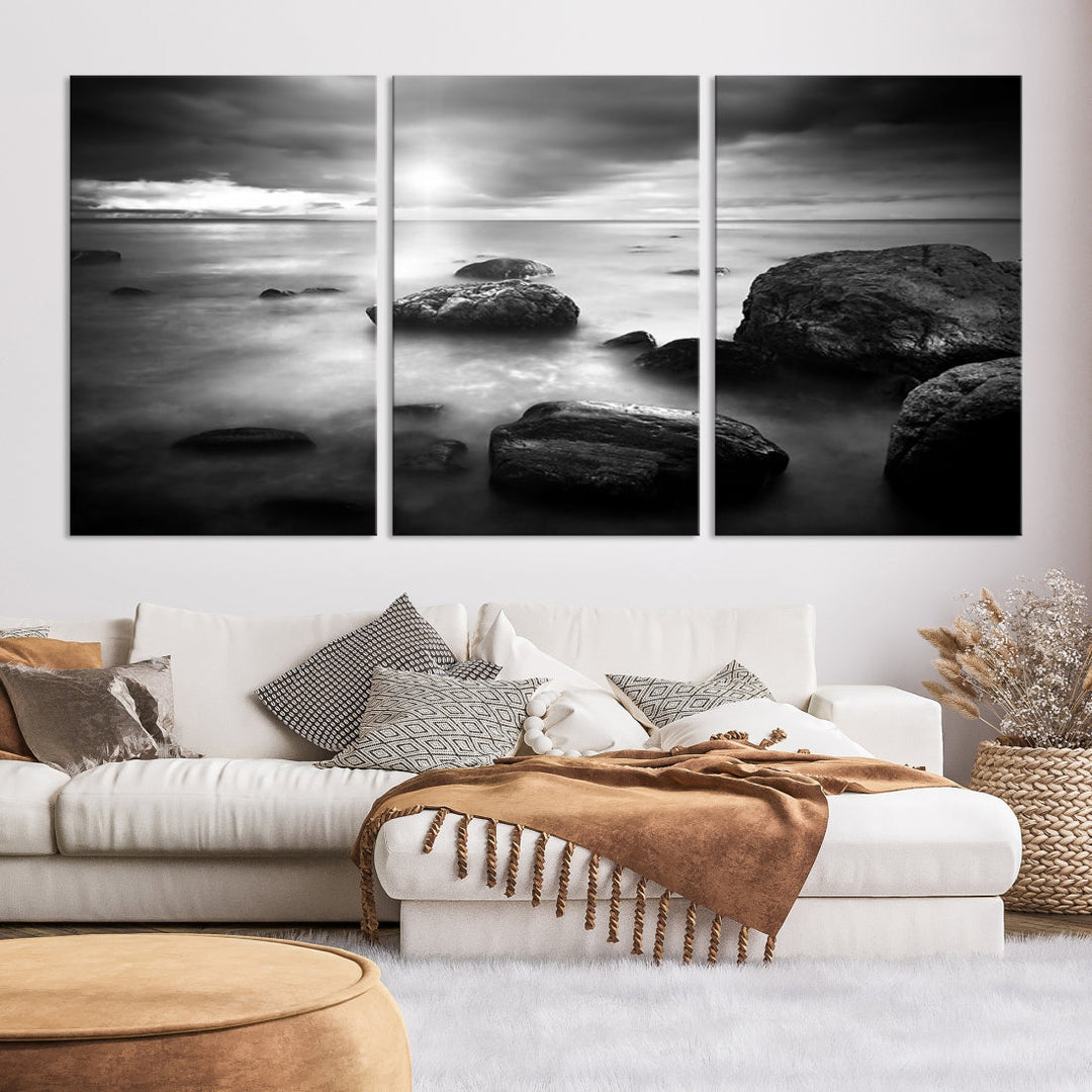 Black and White Ocean Beach Landscape Canvas Wall Art Print