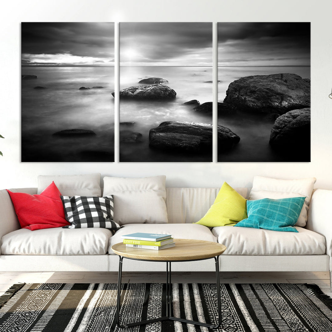 Black and White Ocean Beach Landscape Canvas Wall Art Print