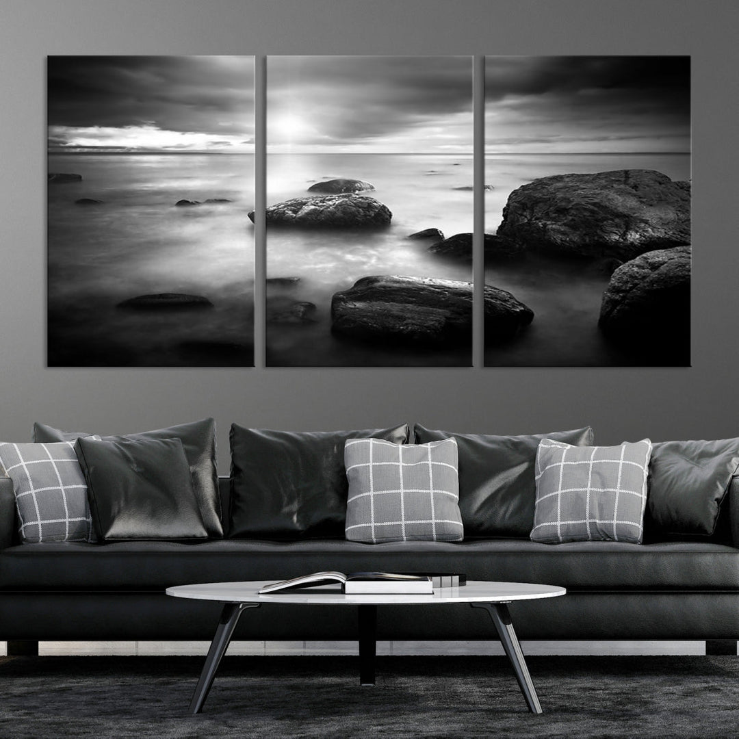 Black and White Ocean Beach Landscape Canvas Wall Art Print