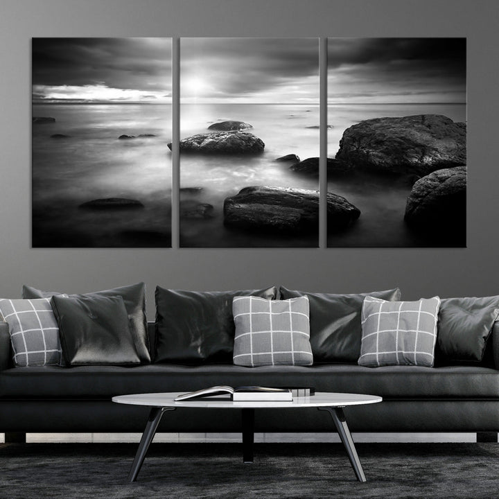 Black and White Ocean Beach Landscape Canvas Wall Art Print