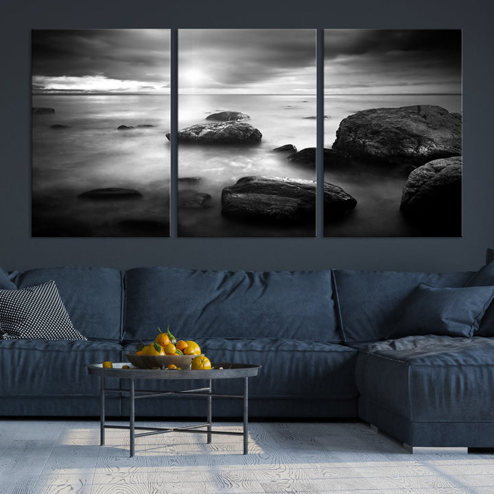 Black and White Ocean Beach Landscape Canvas Wall Art Print