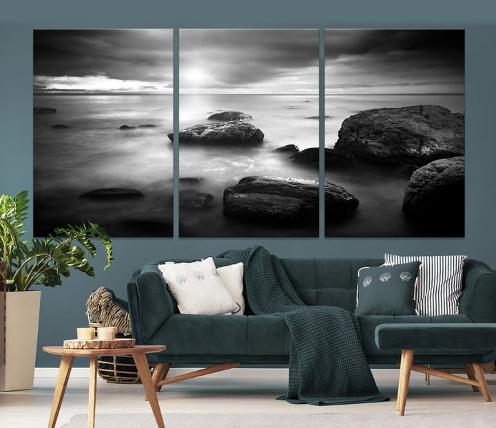 Black and White Ocean Beach Landscape Canvas Wall Art Print