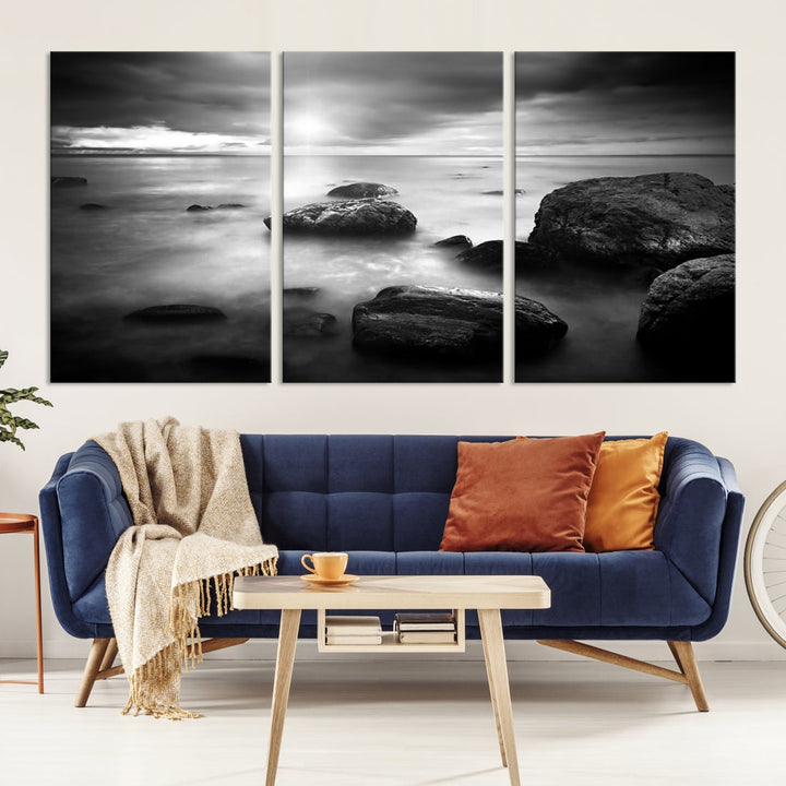 Black and White Ocean Beach Landscape Canvas Wall Art Print