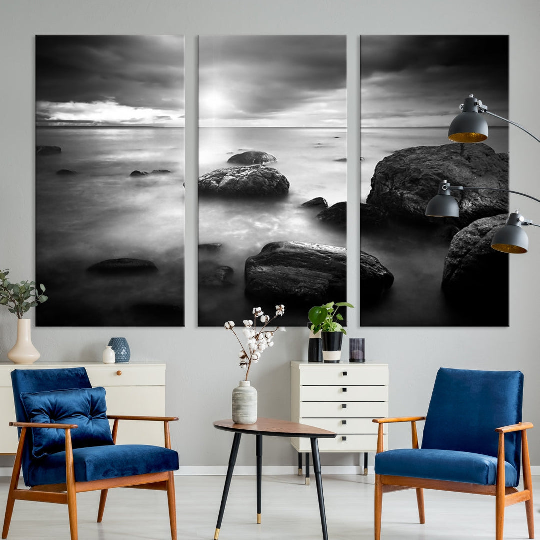 Black and White Ocean Beach Landscape Canvas Wall Art Print