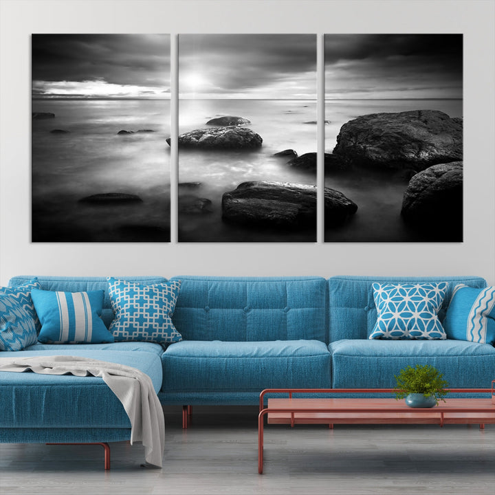 Black and White Ocean Beach Landscape Canvas Wall Art Print