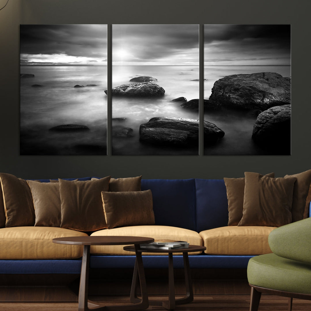 Black and White Ocean Beach Landscape Canvas Wall Art Print