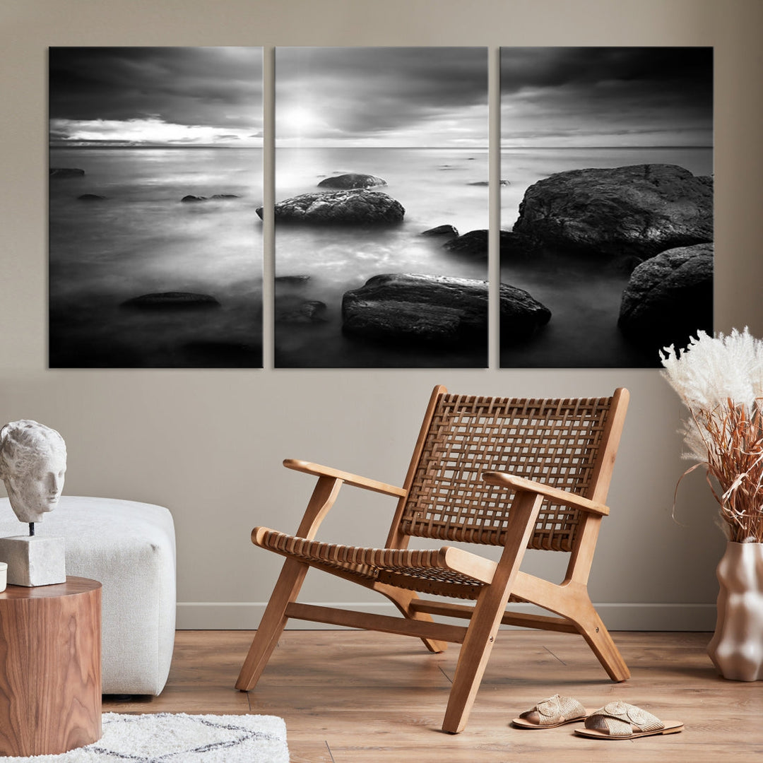 Black and White Ocean Beach Landscape Canvas Wall Art Print