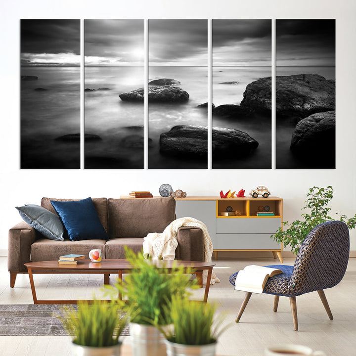 Black and White Ocean Beach Landscape Canvas Wall Art Print