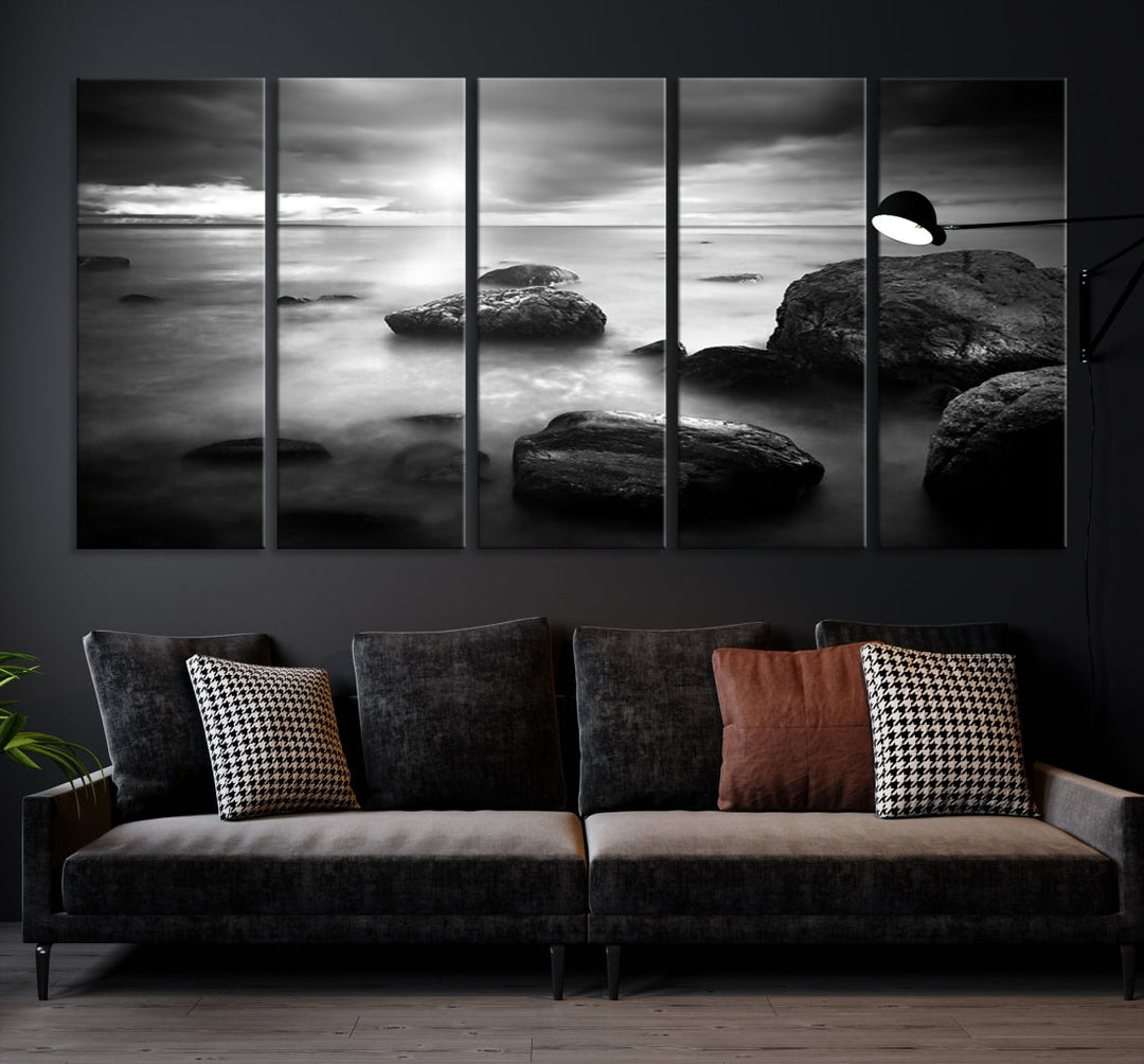 Black and White Ocean Beach Landscape Canvas Wall Art Print