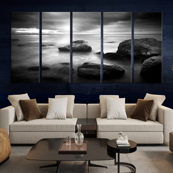 Black and White Ocean Beach Landscape Canvas Wall Art Print