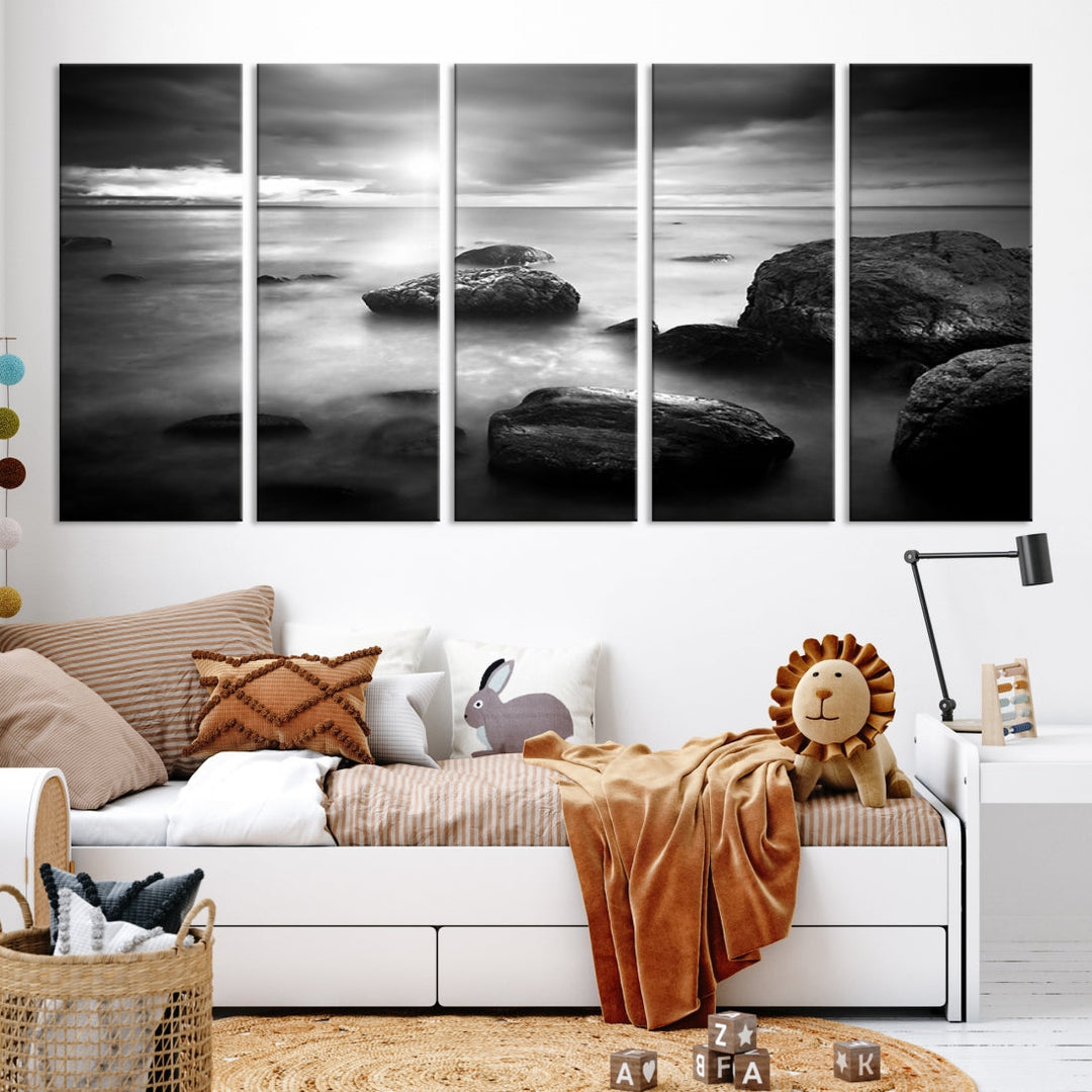 Black and White Ocean Beach Landscape Canvas Wall Art Print