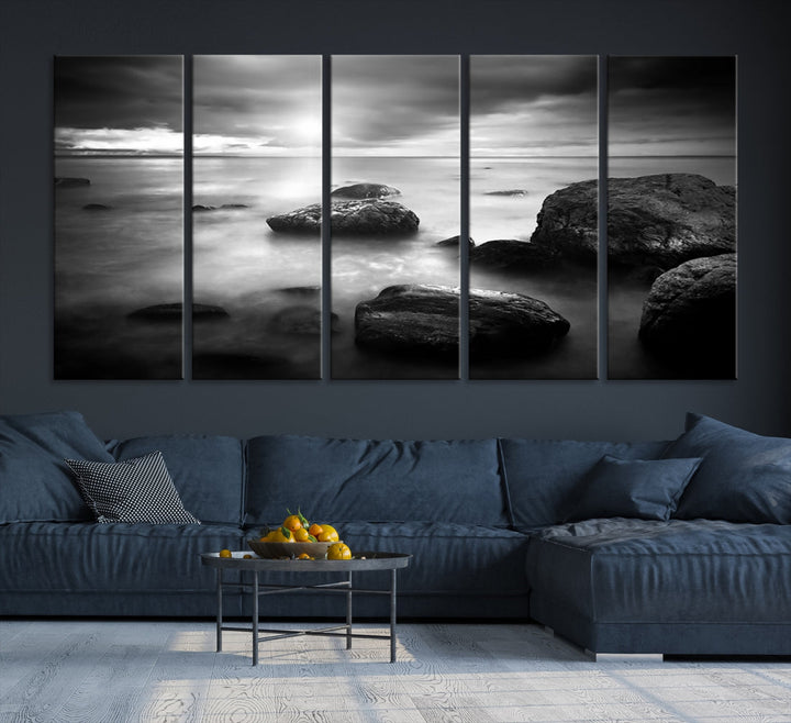 Black and White Ocean Beach Landscape Canvas Wall Art Print