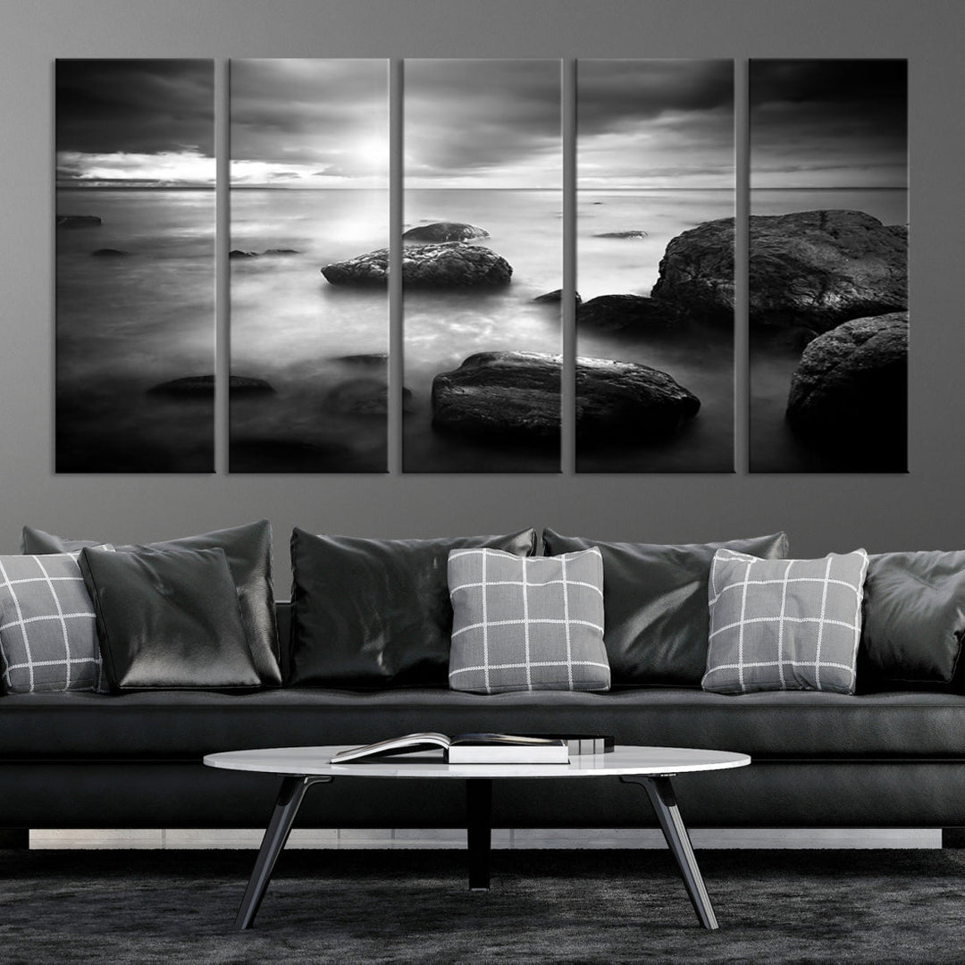 Black and White Ocean Beach Landscape Canvas Wall Art Print