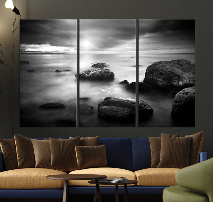 Black and White Ocean Beach Landscape Canvas Wall Art Print