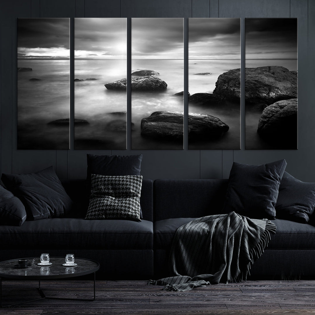 Black and White Ocean Beach Landscape Canvas Wall Art Print