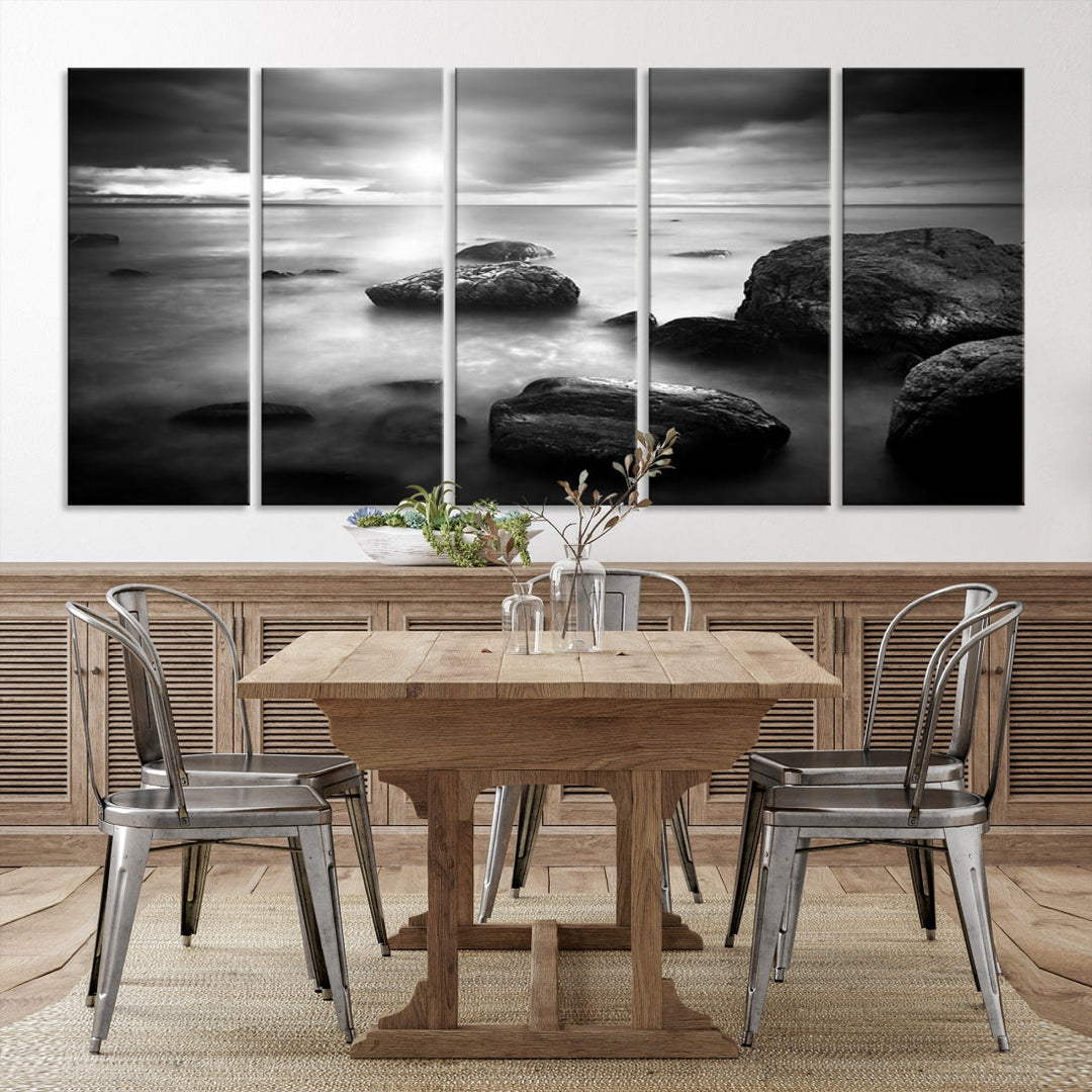 Black and White Ocean Beach Landscape Canvas Wall Art Print