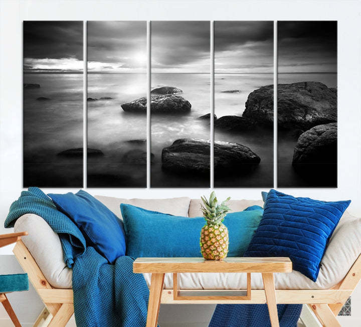 Black and White Ocean Beach Landscape Canvas Wall Art Print