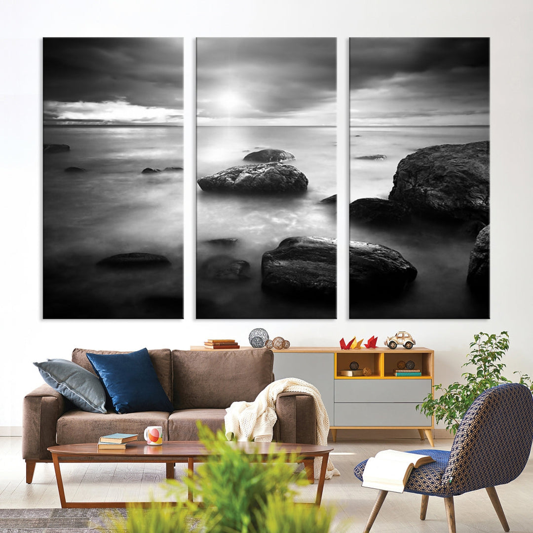 Black and White Ocean Beach Landscape Canvas Wall Art Print