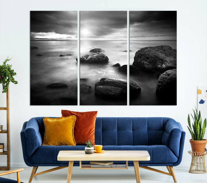 Black and White Ocean Beach Landscape Canvas Wall Art Print