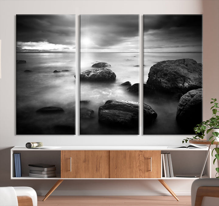 Black and White Ocean Beach Landscape Canvas Wall Art Print