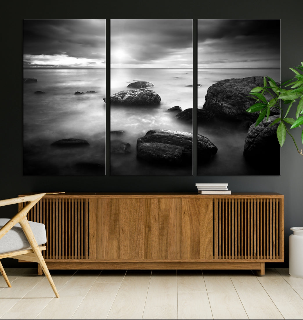 Black and White Ocean Beach Landscape Canvas Wall Art Print