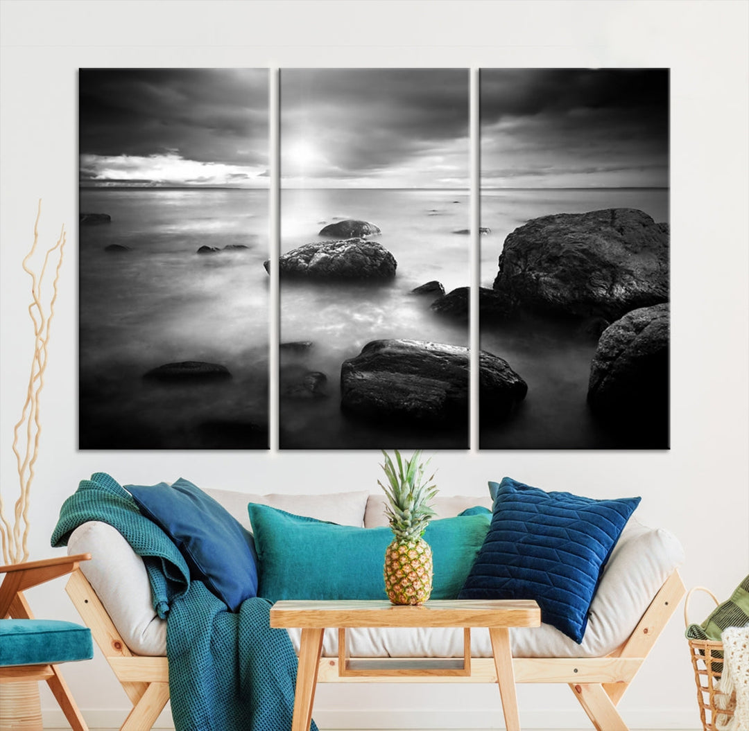 Black and White Ocean Beach Landscape Canvas Wall Art Print