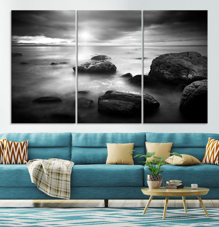 Black and White Ocean Beach Landscape Canvas Wall Art Print