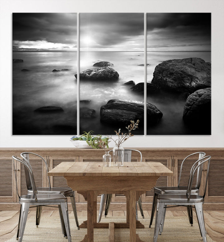 Black and White Ocean Beach Landscape Canvas Wall Art Print