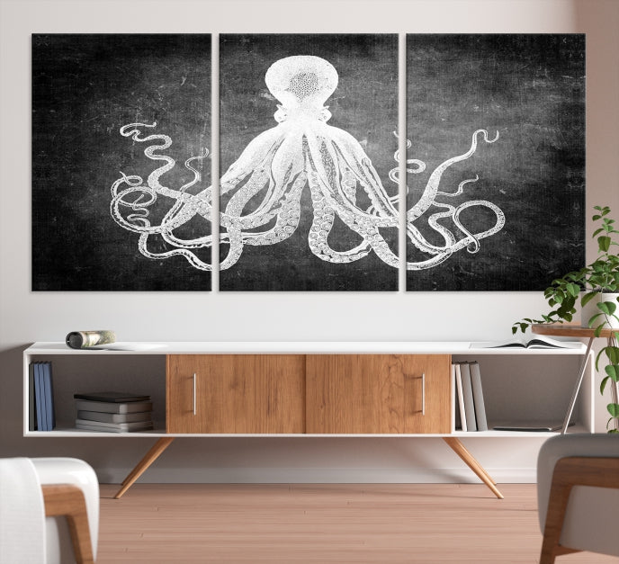 Black and White Octopus Art Print Canvas Wall Decor Easy to Hang