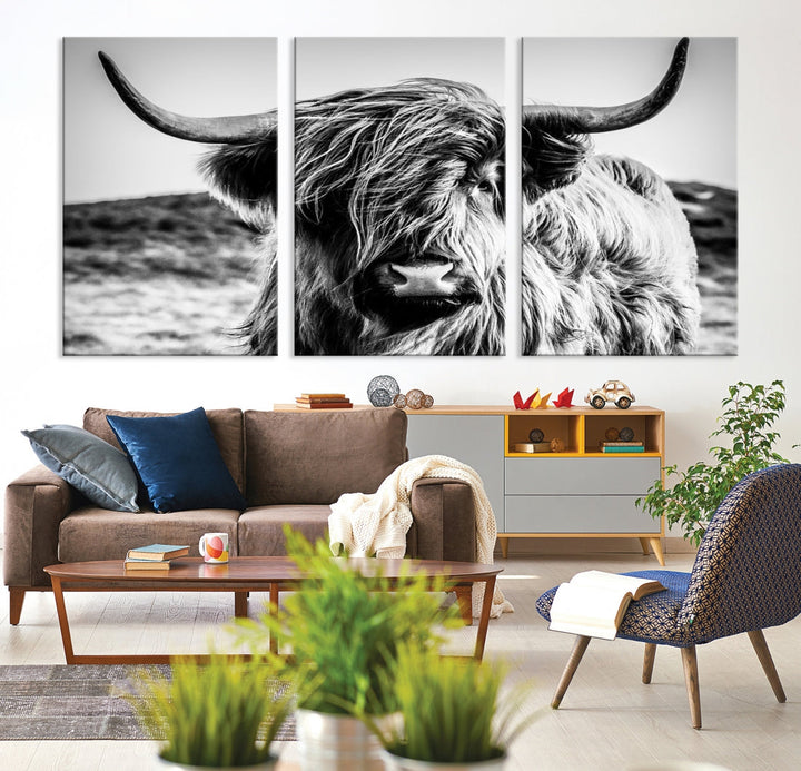 Black and White Scottish Cow Canvas Wall Art Highland Cattle Canvas Print