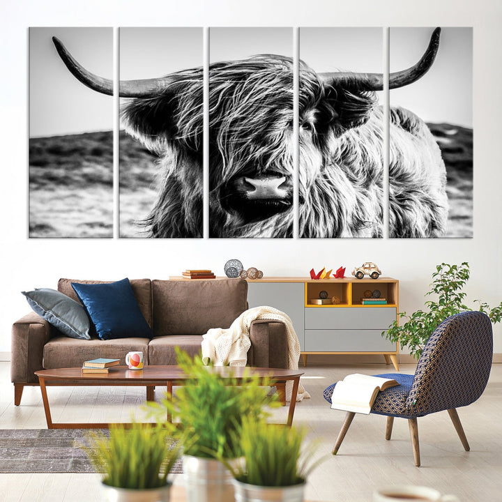 Black and White Scottish Cow Canvas Wall Art Highland Cattle Canvas Print